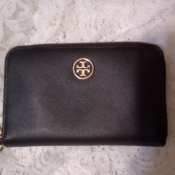 Tory Burch Handbags - TORY BURCH ZIP AROUND CLUTCH WALLET, BLACK, GOLD Hardware & BLUE Inside!
